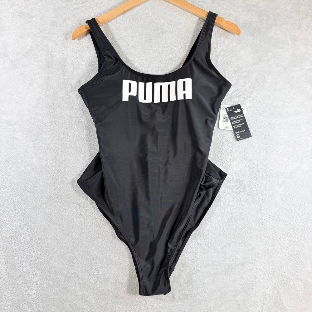 Puma Womens Graphic Logo Scoop Neck One Piece Swimsuit Black Size Large NWT